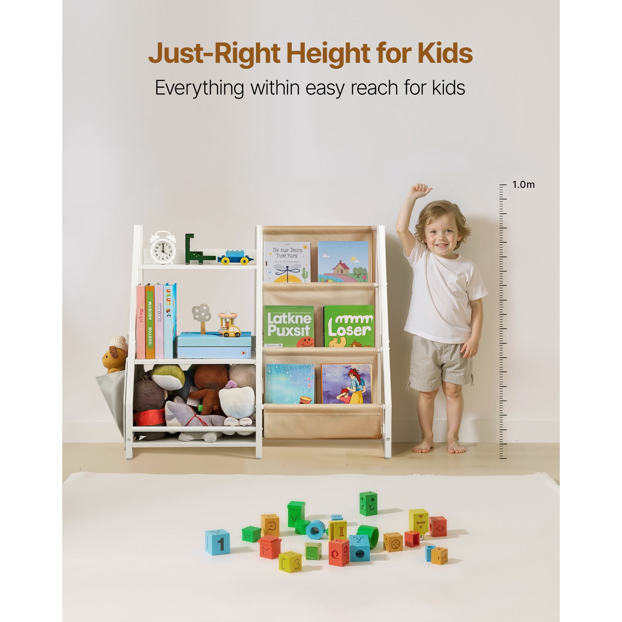 KFFKFF 3-Tier Children's Bookshelf with Toy Organizer, Sling Book Rack, and Storage Bag, Ideal for Kids' Rooms, Playrooms, Kindergartens, and Nurseries