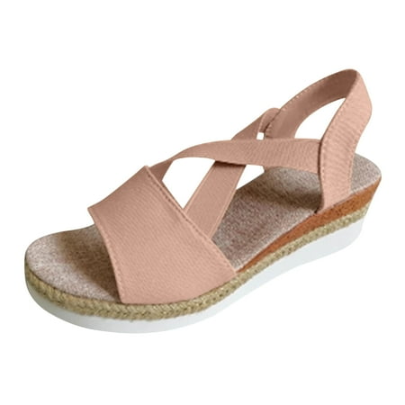 

Womens Open Toe Espadrilles Dressy Platform Sandals Slip on Elastic Ankle Strap Wedges Sandals Comfort Summer Shoes