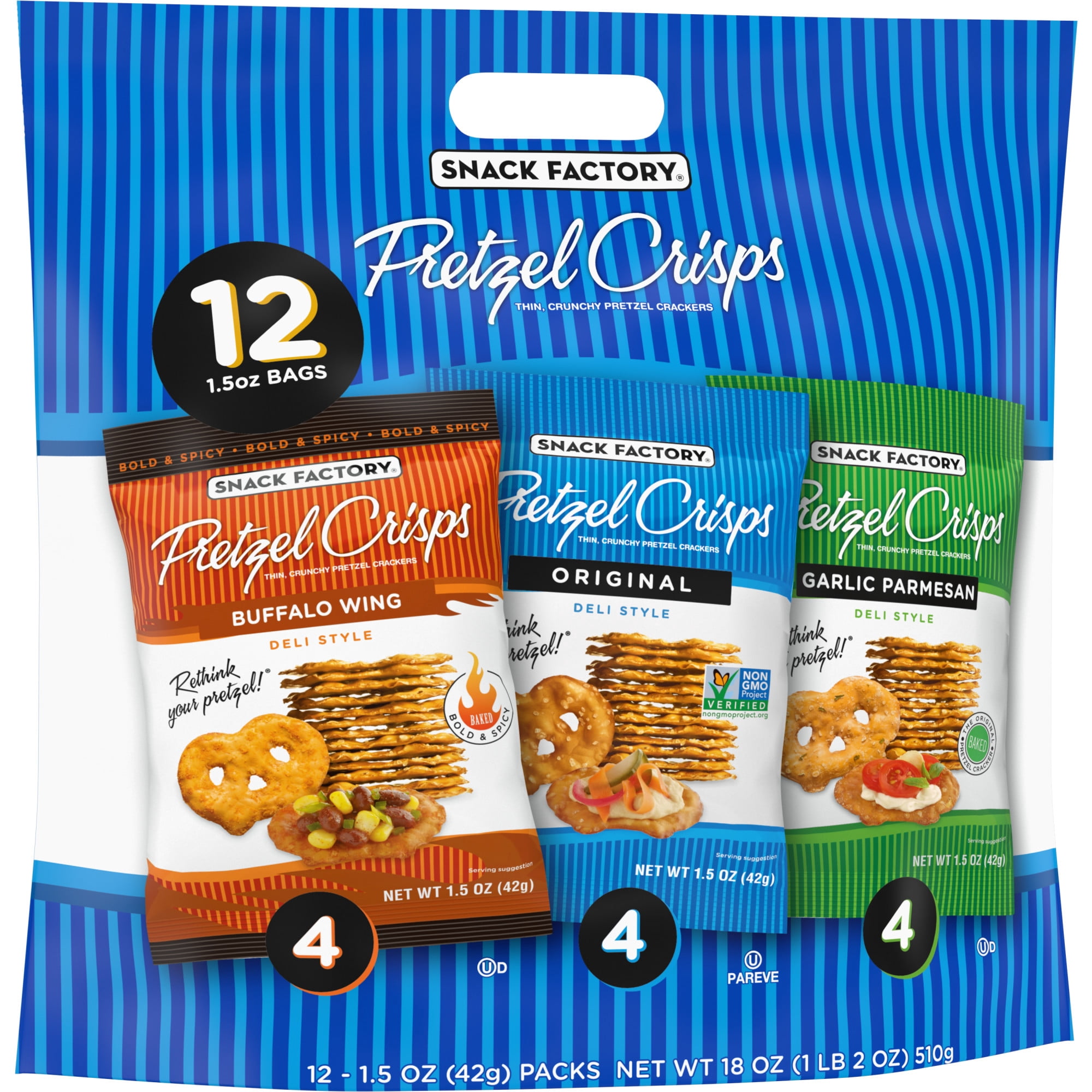 Snack Factory Pretzel Crisps Variety Pack, 1.5 oz Snack Packs, 12 Ct
