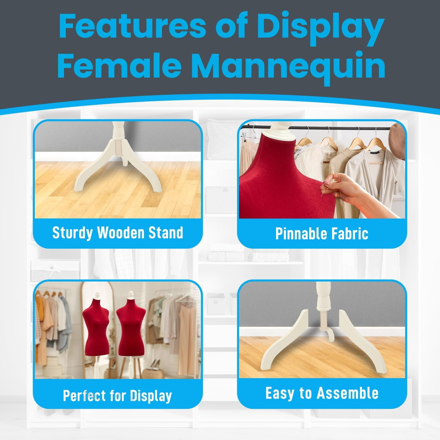 Mannequin - Adjustable Height, Durable Foam and Canvas Construction, Wooden Base, Compact Shoulder Width, Lightweight, Versatile Display for Clothing and Accessories, Red
