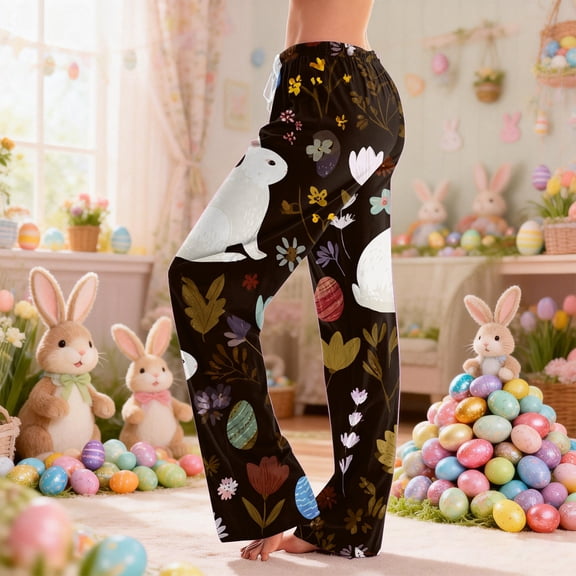 PEXLYCLU Easter Pajamas, Easter Pjs, Easter Pants, Easter Sleepwear, Funny Bunny Easter Egg Women Lounge Pants Comfy Pajama Sleepwear Pajamas Pants, A01 L
