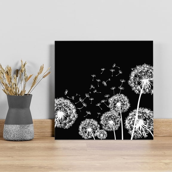 White Dandelion Wall Art Painting on Canvas, Spring Flowers Botanical Vintage Black Canvas Art Home Prints Wall Art Framed Modern Artwork for Living Room Bedroom Wall Decor 8x8in