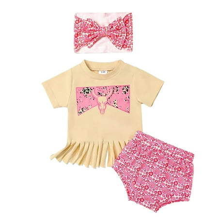 

BJUTIR Girls Summer Outfits Suit Letter Cow Head Print Tassel T Shirt Shredded Shorts Pink Hairband Suit