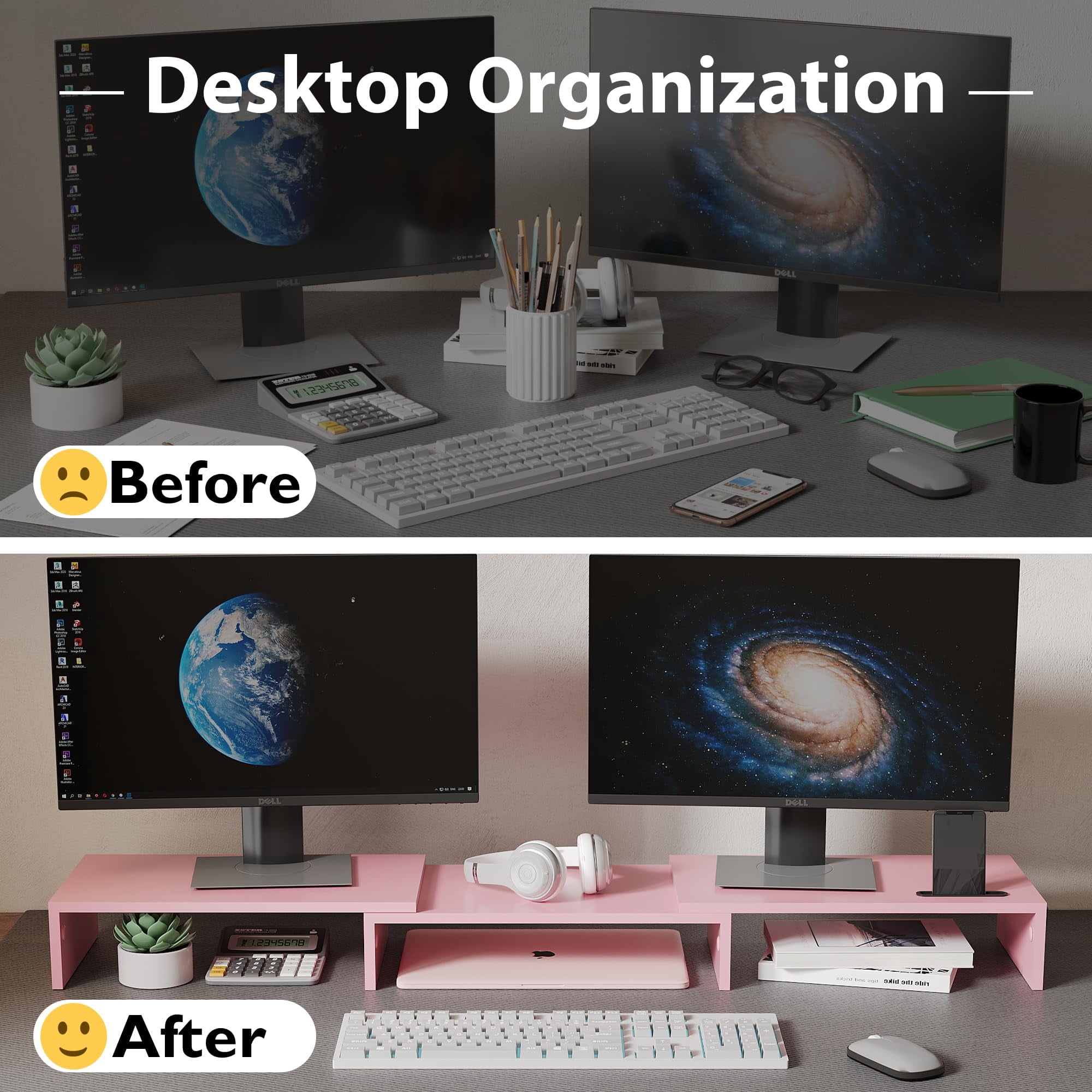 BONTEC Dual Monitor Stand Riser with Smartphone Holder, Adjustable Length & Swivel Angle, Ergonomic Wooden Desktop Organizer for PC Monitor, Laptop, Printer, Large Storage, Pink
