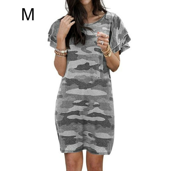 Women Dress Camouflage Print Long T-shirt Short Sleeve Summer Dress Loose Dress, Gray, M