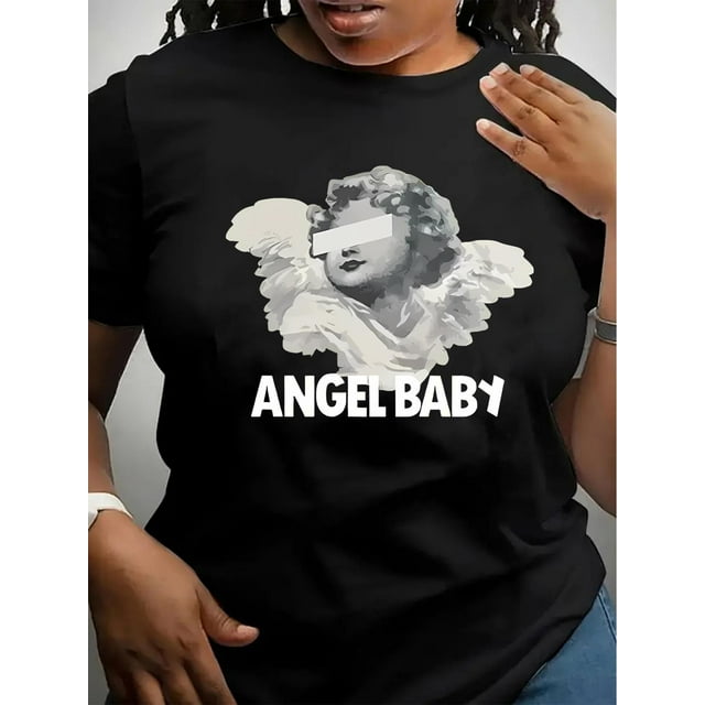 T-Shirt à Manches Courtes Col Rond à la Mode pour Femmes avec Imprimé Angel Youngs, Haut d'Été Sportif Décontracté, Mélange Polyester et Spandex Confortable, Lavable en Machine, Imprimé Motif, Père de Vacances