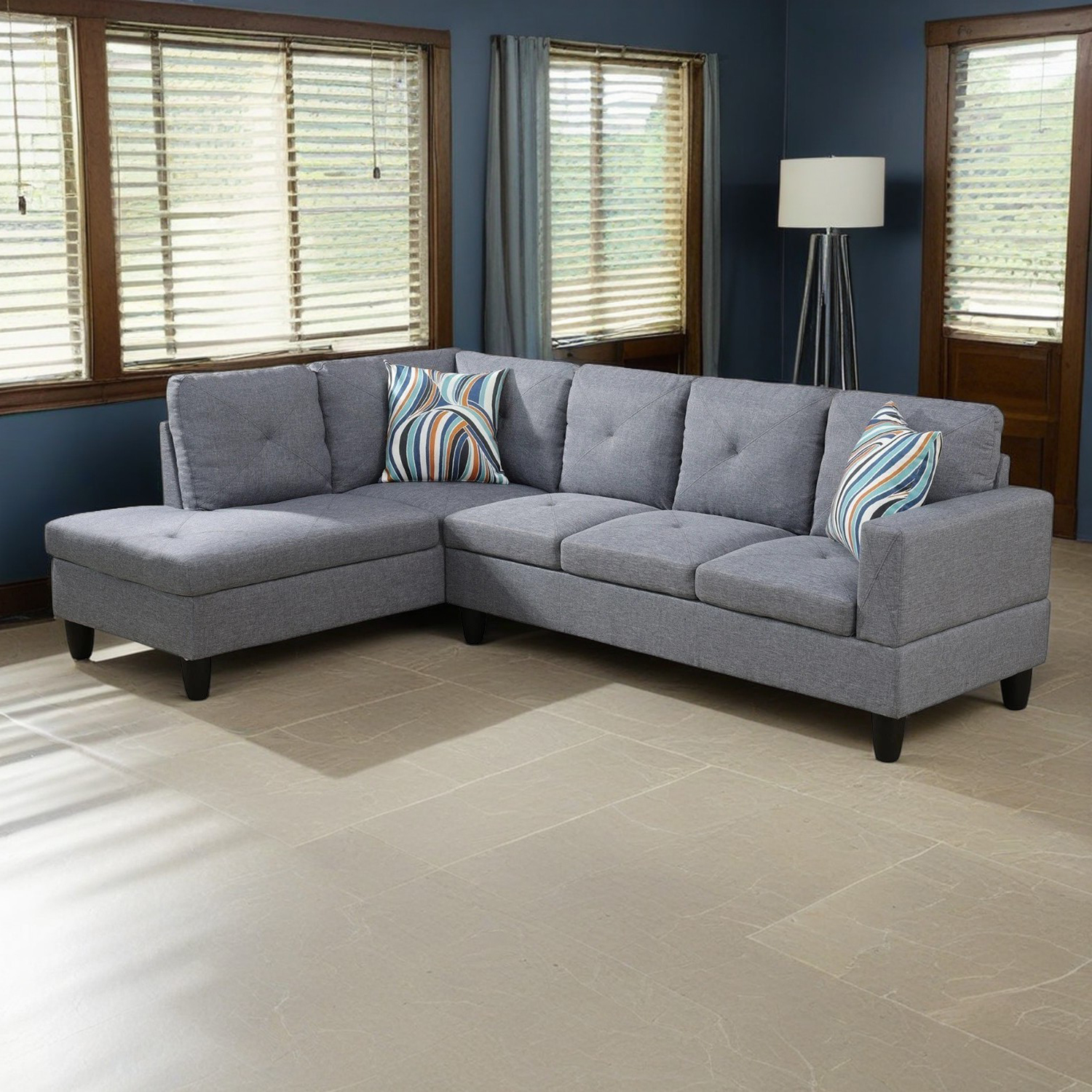 Hommoo Linen 4-Seat L-Shape Sectional Couch Sofa, Modern Living Room Furniture Sets, Grey(No Ottoman)