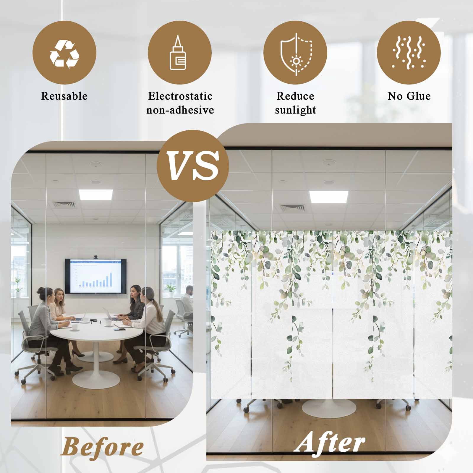 Removable Glass Window Covering, Eucalyptus Leaves Window Privacy Film Frosted, Pastoral Farmhouse Spring Botanical Decorative Privacy Windows Film for Bedroom, Living Room, 19.6 x 39.3 Inches