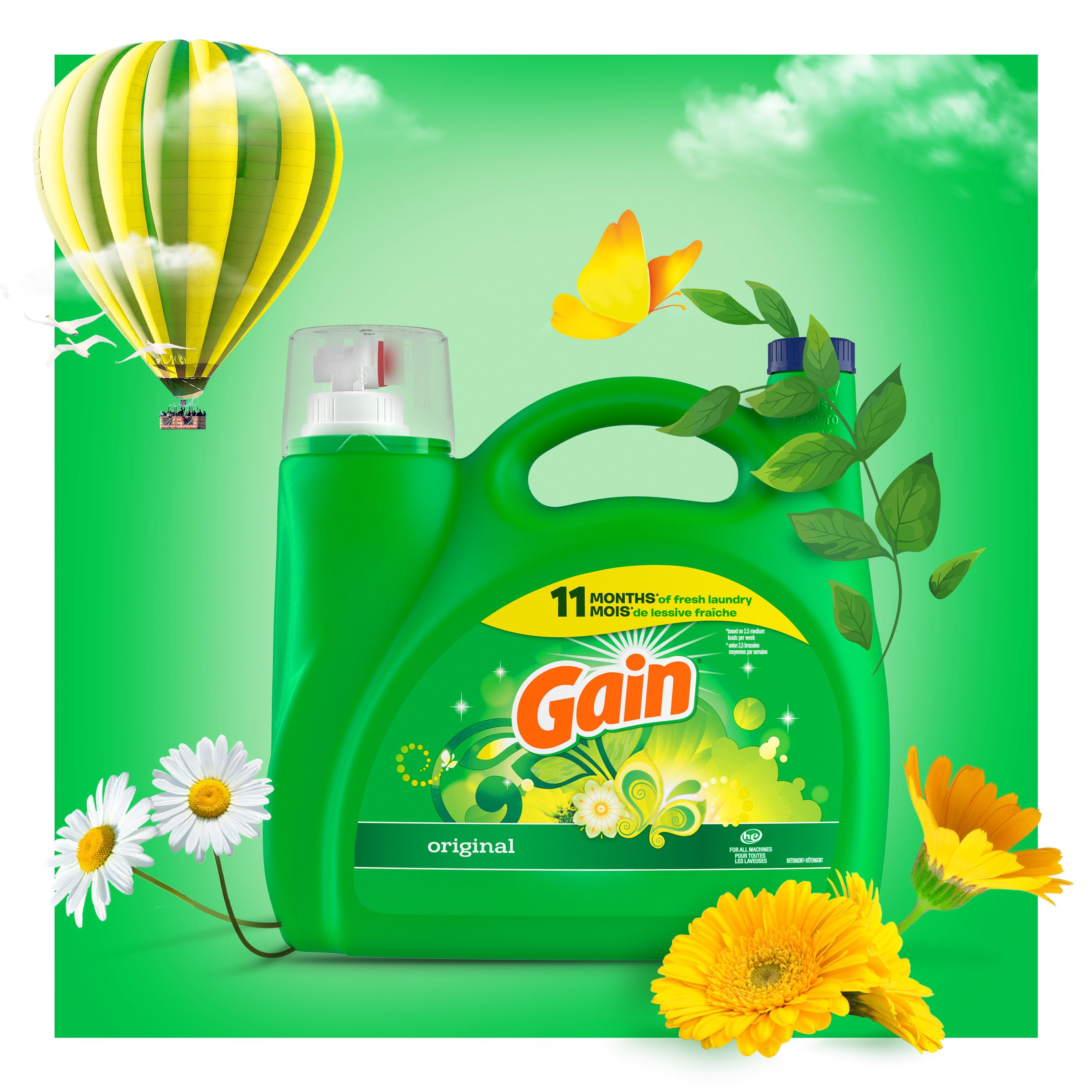 Gain Liquid Laundry Detergent, Original Scent, 5.44 L, 128 loads, Freshness + Odour Fighting, Laundry Detergent Liquid Soap, HE compatible, 5.44L