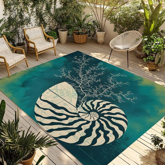 Vintage Teal Blue Conch Outdoor Rug 3x5 Ft - Reversible Patio Rug Outdoor Camping Rugs, Modern Art Geometric Nautical Coastal Indoor Outdoor Area Rugs, Non-Slip Outdoor Carpet Runner for Deck/Porch