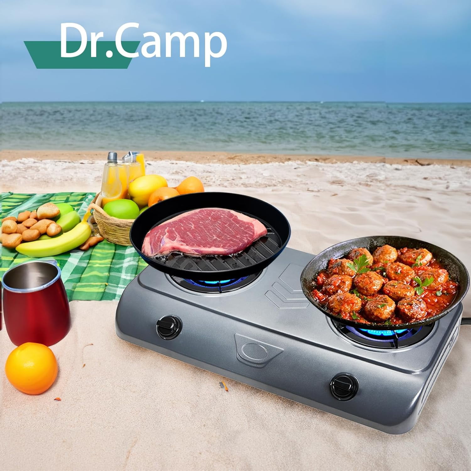 Dr.Camp 35000 BTU Super Power Auto Ignition Camping Hiking Garden Hiking Garden Yard Outdoor Propane Double Burner Stove Cooker Grill, Included CSA Listed Regulator and Gas Hose