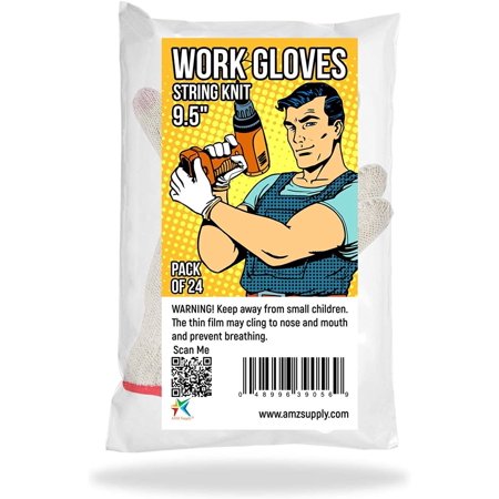 EEPHO Pack of 24 String Knit Gloves 9.5 . Washable Glove with Elastic Knit Wrist. Cotton Polyester Shell Gloves. Plain Seamless Workwear Gloves.