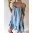 thumbnail image 3 of Womens Light Wash Denim Strap Mini Dress, Casual A-Line With Ruffle Hem, 3 of 5