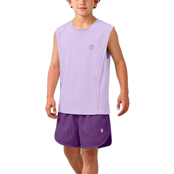 SGFCWSX Boys 2 Piece Athletic Outfits Summer Sleeveless Tank Top Quick Dry Elastic Waist Shorts Sports Set for Kids Purple Size 8