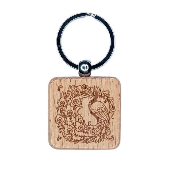 Elegant Peacock with Flowing Tail Feathers Square Keychain Charm Tag - Engraved Wood