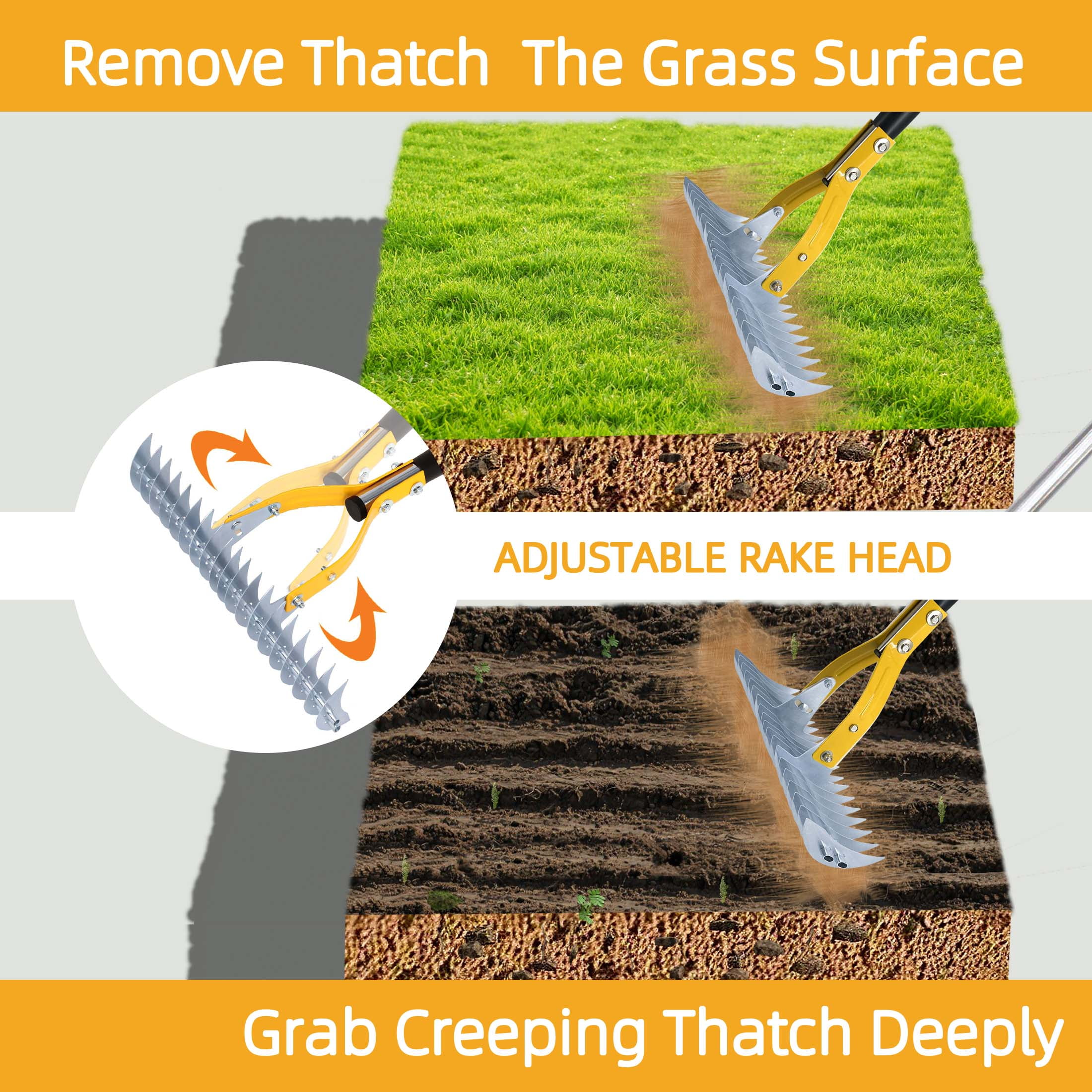 YARTTING Thatch Rake Durable Efficient Dethatcher Rake with Adjustable Handle Steel Garden Rake for Raking Leaves, Dead Grass, Loosening Soil