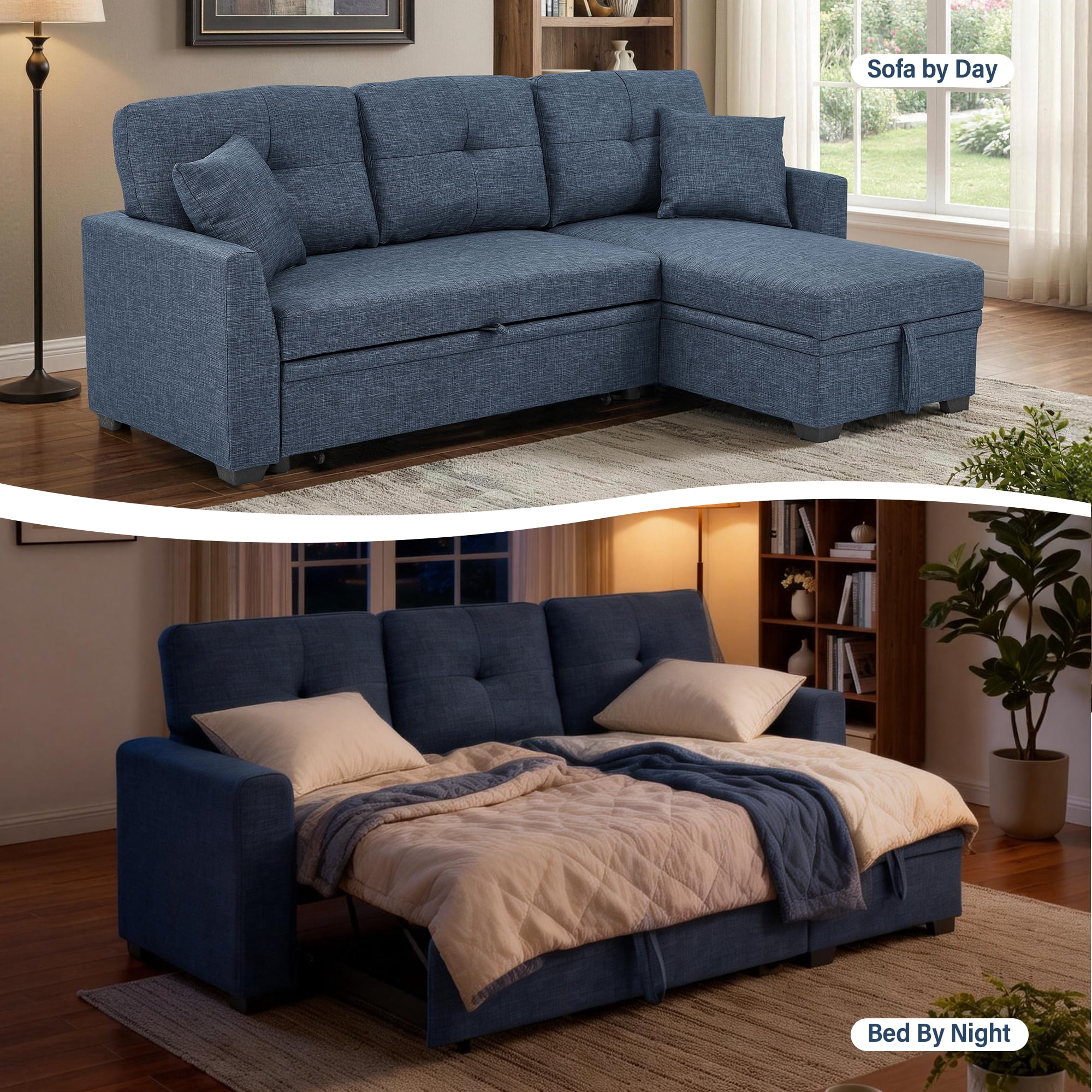 AENKYO Convertible L-Shaped Sectional Sofa Sleeper with Pull-Out Bed and Storage Chaise, Linen Upholstered Couch for Living Room，Blue