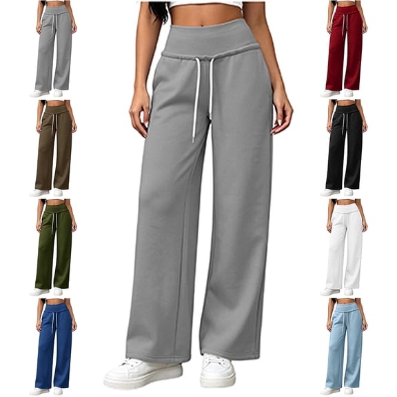 Lounge Pants for Women Casual Solid Color High Waist Elastic Drawstring Waist Straight Leg Loose Relaxed Fit With Pockets Trendy