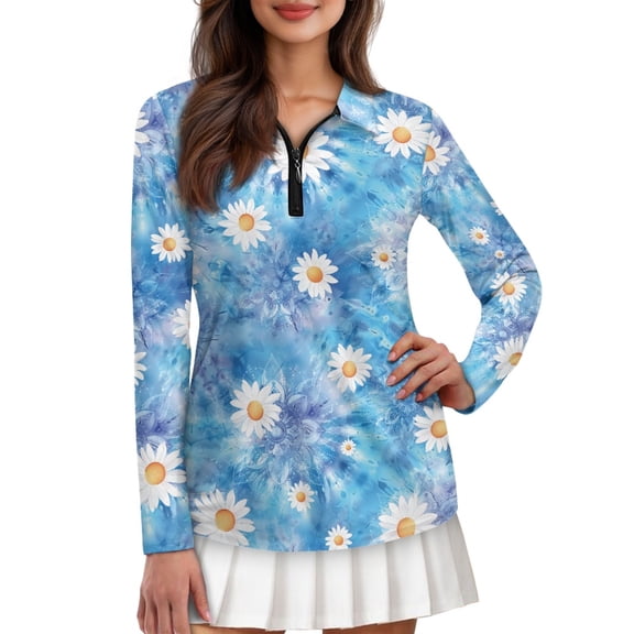 Jiueut Zip Up Polo Shirts for Woman Spring Tennis Shirts Flowers Quick Dry Golf Wear with Long Sleeves Performance Sun Protection Tee Tops V Neck, Size XX-Large