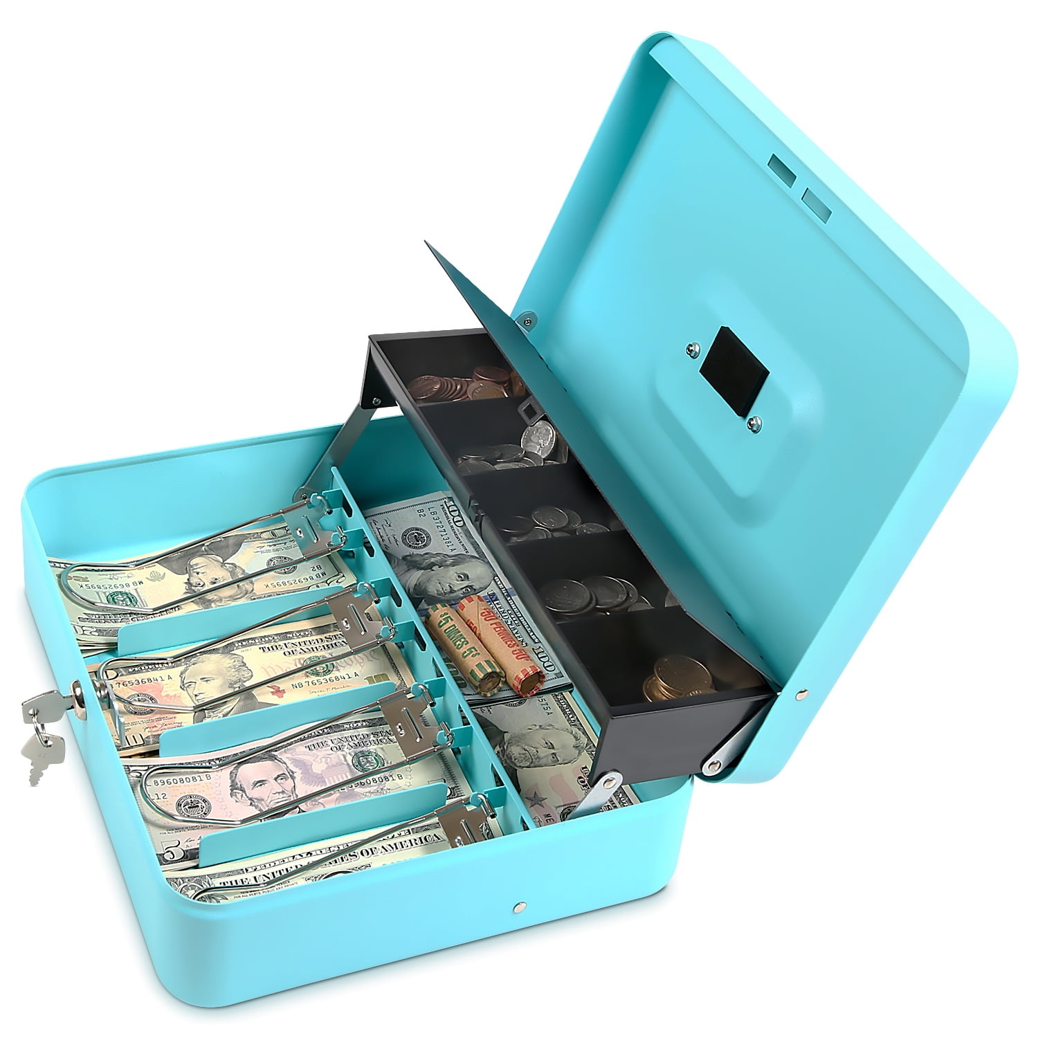 Cash Box with Money Tray Secure Lock and Coin Lid