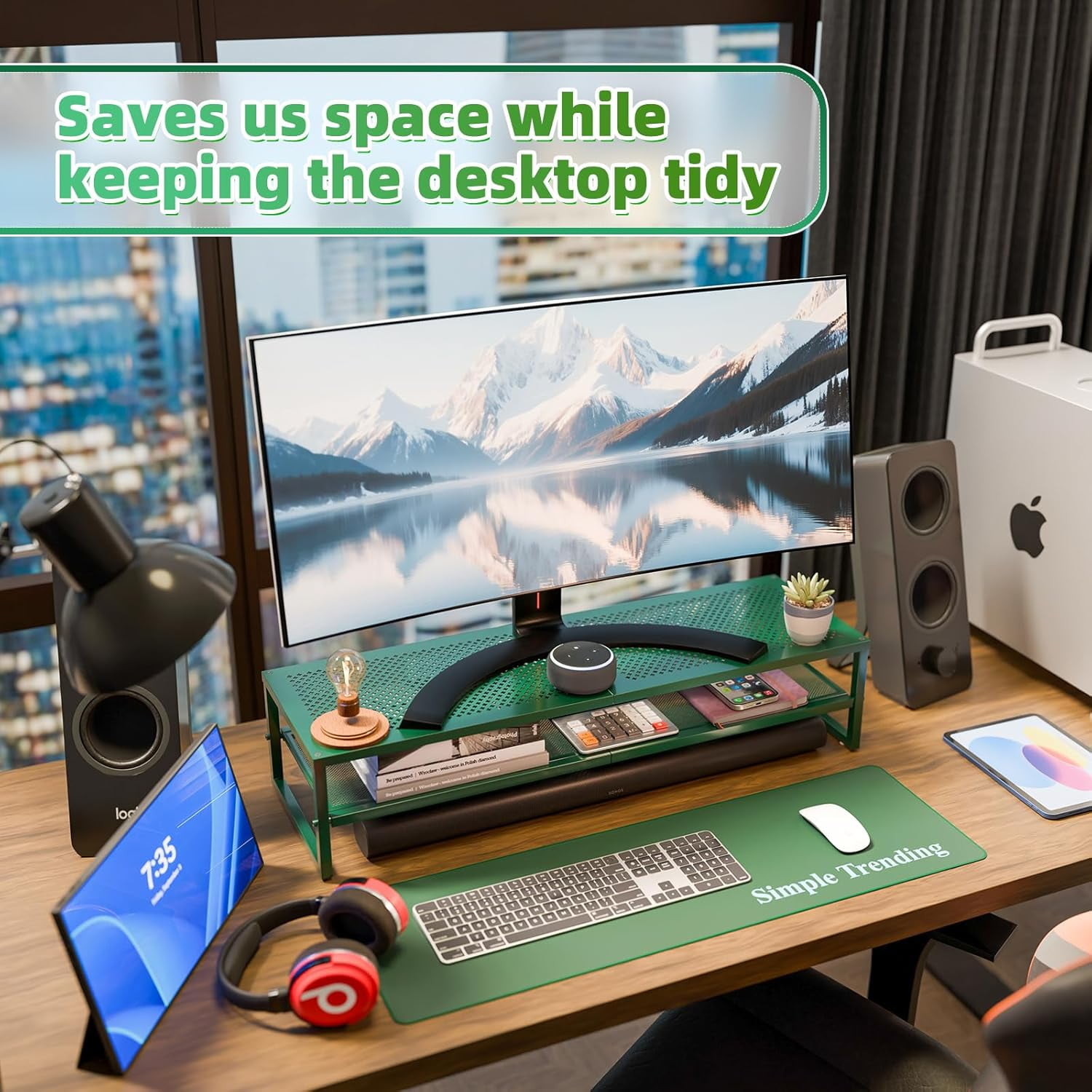 2-Tier Metal Dual Monitor Stand Base, suitable for organizing 2 monitors on a computer office desk, with 32
