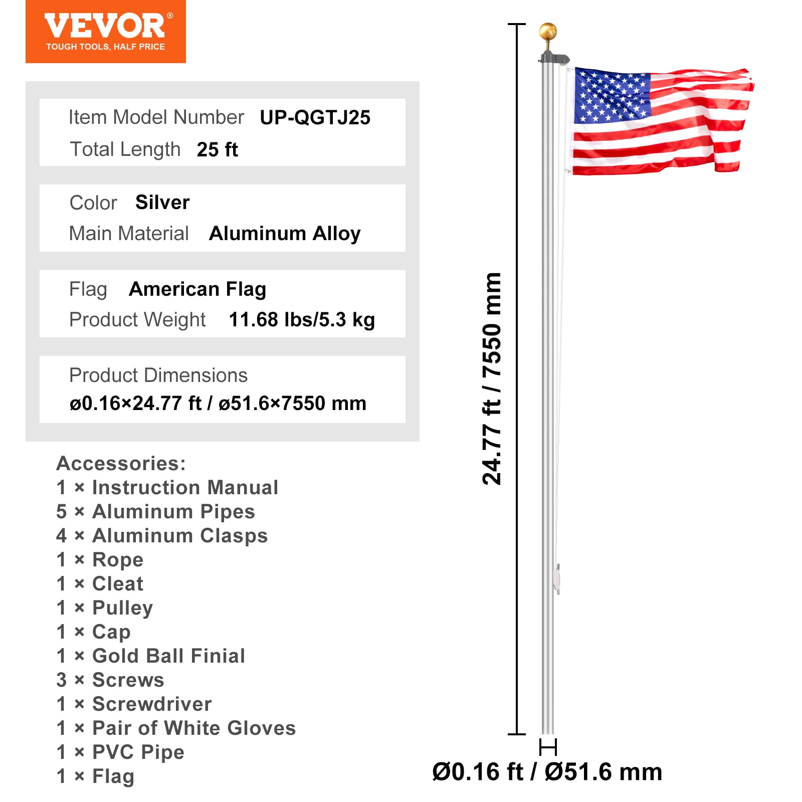 VEVOR 25FT Sectional Flag Pole Kit, Heavy Duty Aluminum Alloy in Ground Flag Poles for Outside, 3 Display Modes Flagpole with 3x5 American Flag, Professional Accessories, Silver