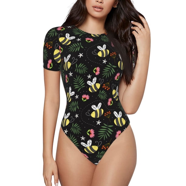 Balery Bees Body de cuello redondo de manga corta para mujer Tops de manga corta Tops básicos-Large