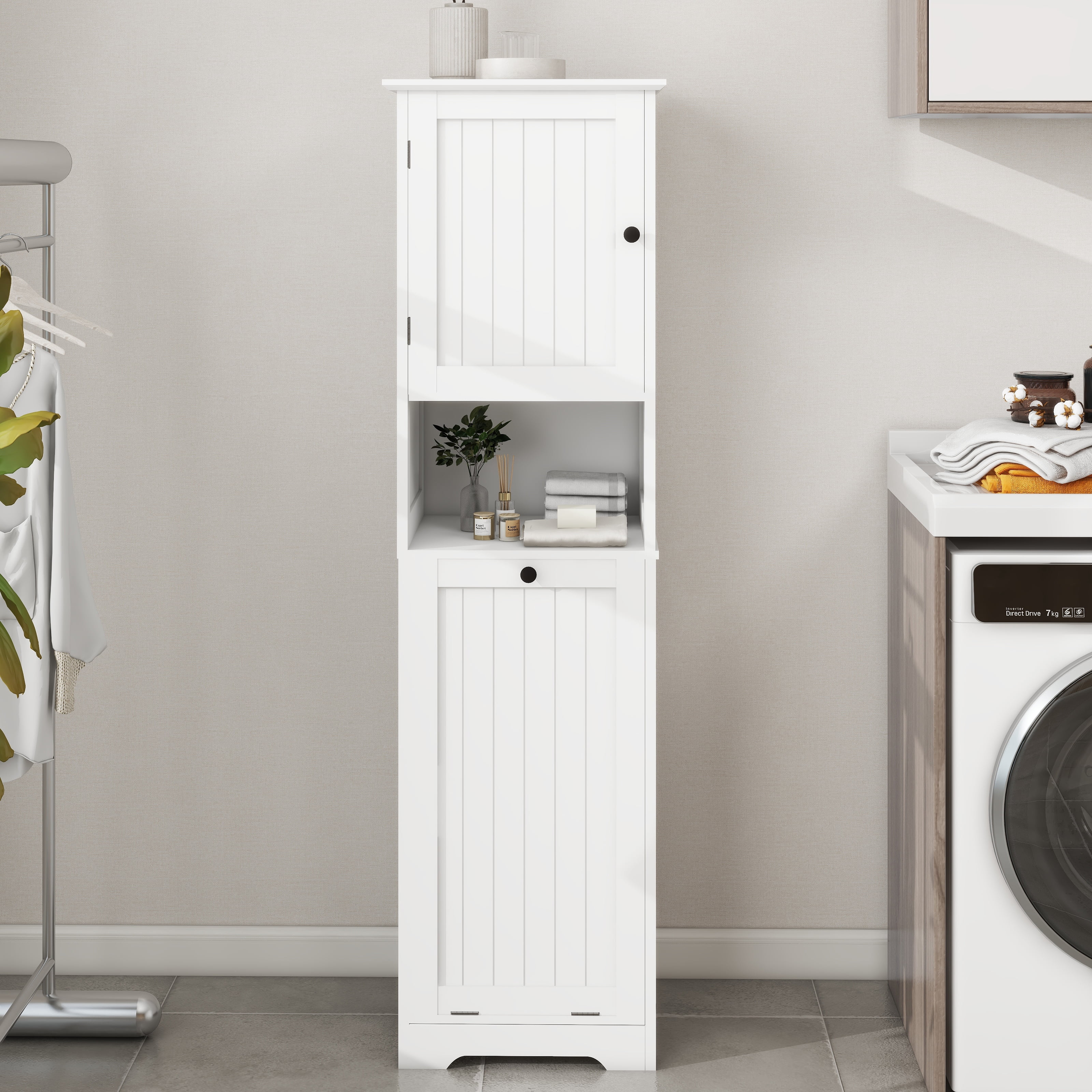 Mintazer Slim Tall Bathroom Storage Cabinet with Open Shelf, Freestanding Narrow Linen Tower with Tilt-Out Laundry Hamper for Bathroom Laundry Room Balcony, White