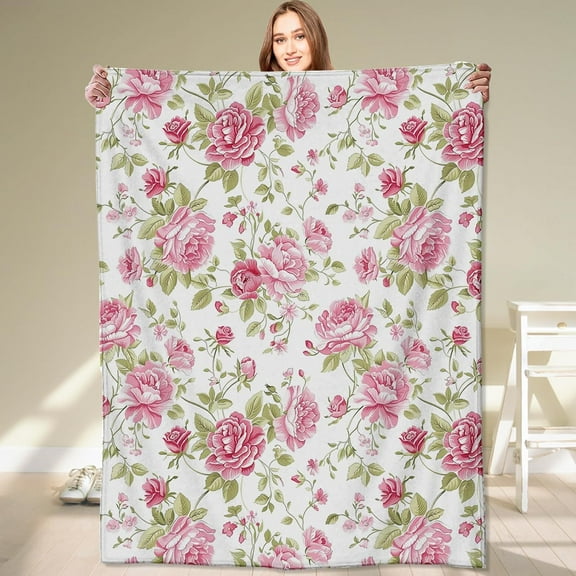 Vintage Floral Blanket,Pink Rose Peony Chic Flower Romantic Retro Rustic Throw Blankets,Gifts for Women, Lightweight Soft Fleece,for Sofa Couch Bed Room Travel,Modern Fashion Decor,40x50in