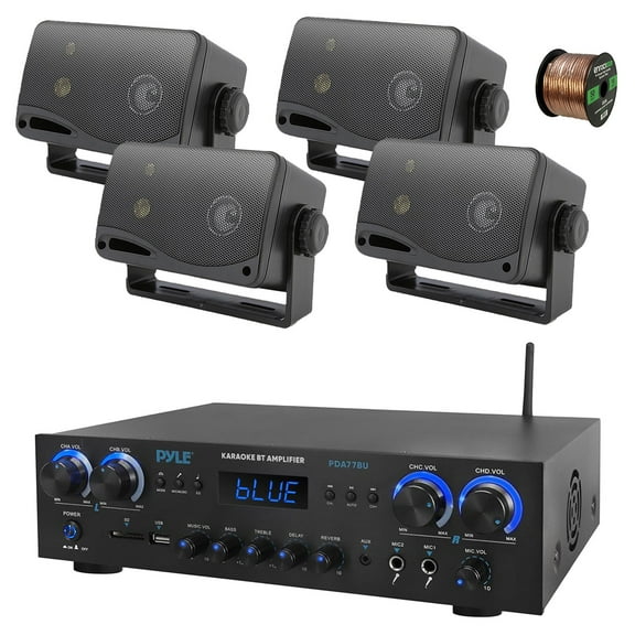 Pyle PDA77BU 4-Channel Home Theater Bluetooth MP3/USB/SD/RCA/AUX FM Radio Receiver, 4x 3.5" 200 Watt 3-Way Indoor/Outdoor Wall Mount Speakers (Black), 50 ft 16 Gauge Speaker Wire
