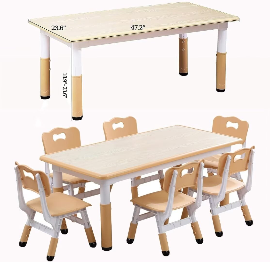 Kids Table and 6 Chairs Set, Height Adjustable Toddler Table and Chair Set for Ages 2-10, Children Multi-Activity Table