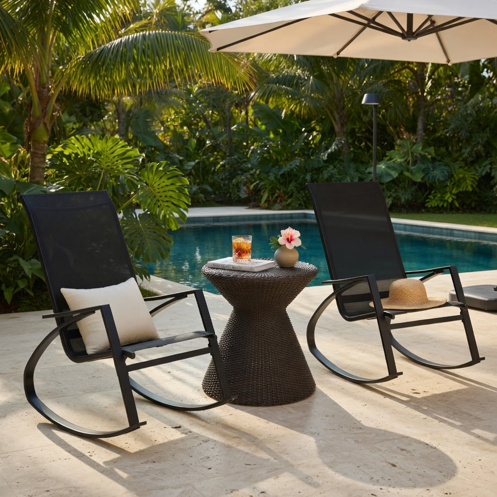 Hommoo 2-Pack Outdoor Rocking Chairs for Patio, Ergonomic Sling Fabric Rockers with Sturdy Steel Frame, Breathable Seat & Anti-Slip Base, Black