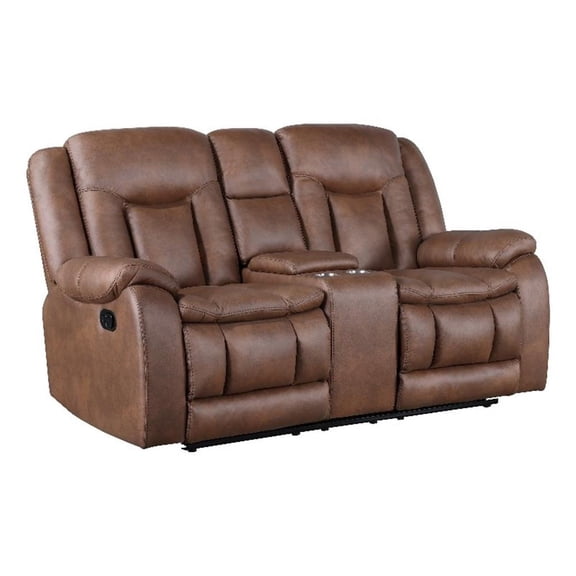 Olaf Dual Manual Recliner Console Loveseat, Brown Faux Leather 77 Inch