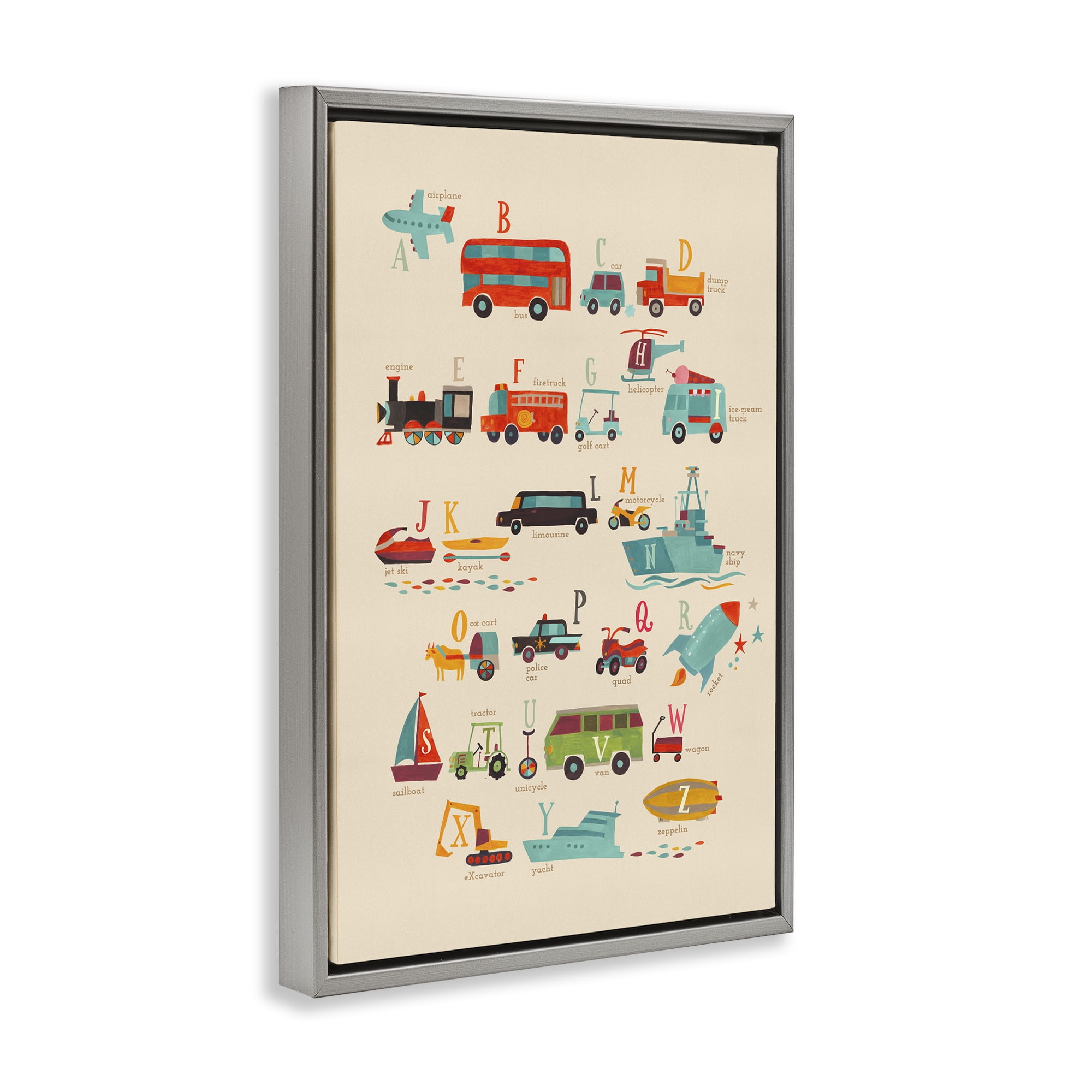 Stupell Industries Varied Transportation Alphabet Education Painting Gray Floater Framed Canvas Art Print Wall Art, 17 x 25