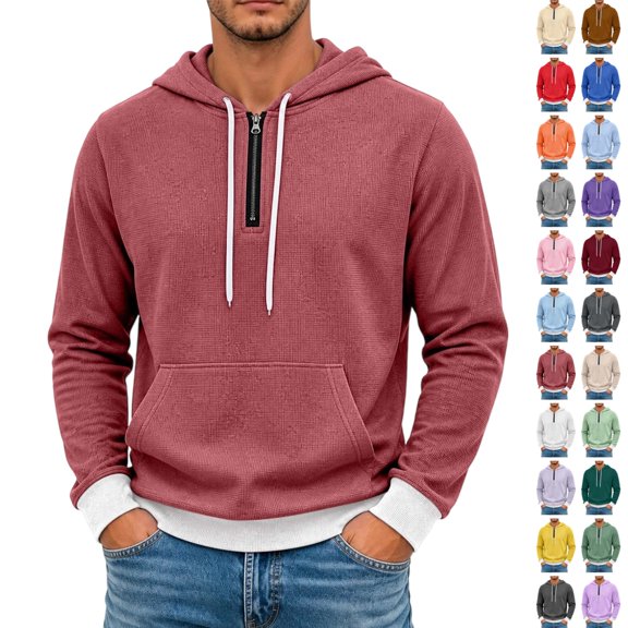 Seffadzy Men's Waffle Knit Hooded Quarter Zip Pullover Sweatshirt with Pockets Drawstring Long Sleeve Solid Color Casual Top Watermelon Red L