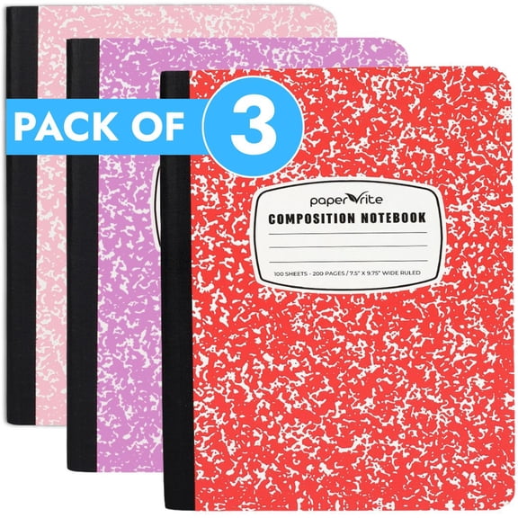 Paper Rite Wide Ruled Composition Notebook 9.75 x 7.5 in, 200 Pages, Pink,Red and Lightpink Pack of 3