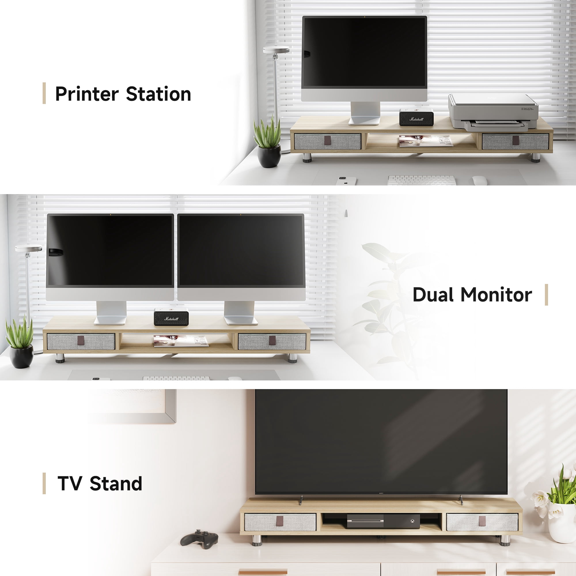 Fenge Monitor Stand, Dual Monitor Stand with 2 Drawers