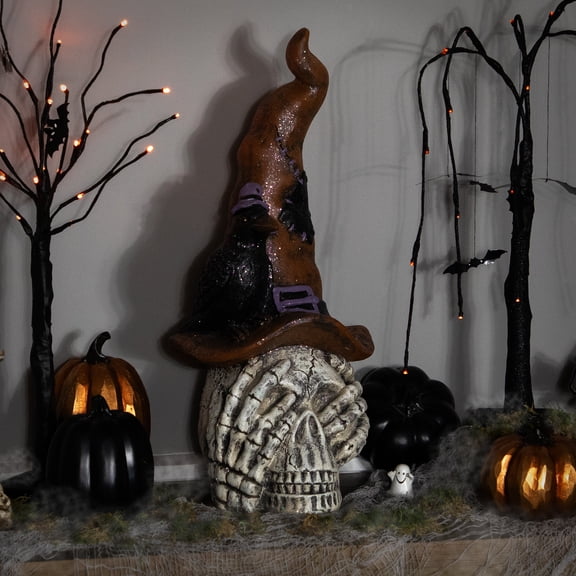 Northlight Skull in Witches Hat with Crow Halloween Decoration - 22.75"