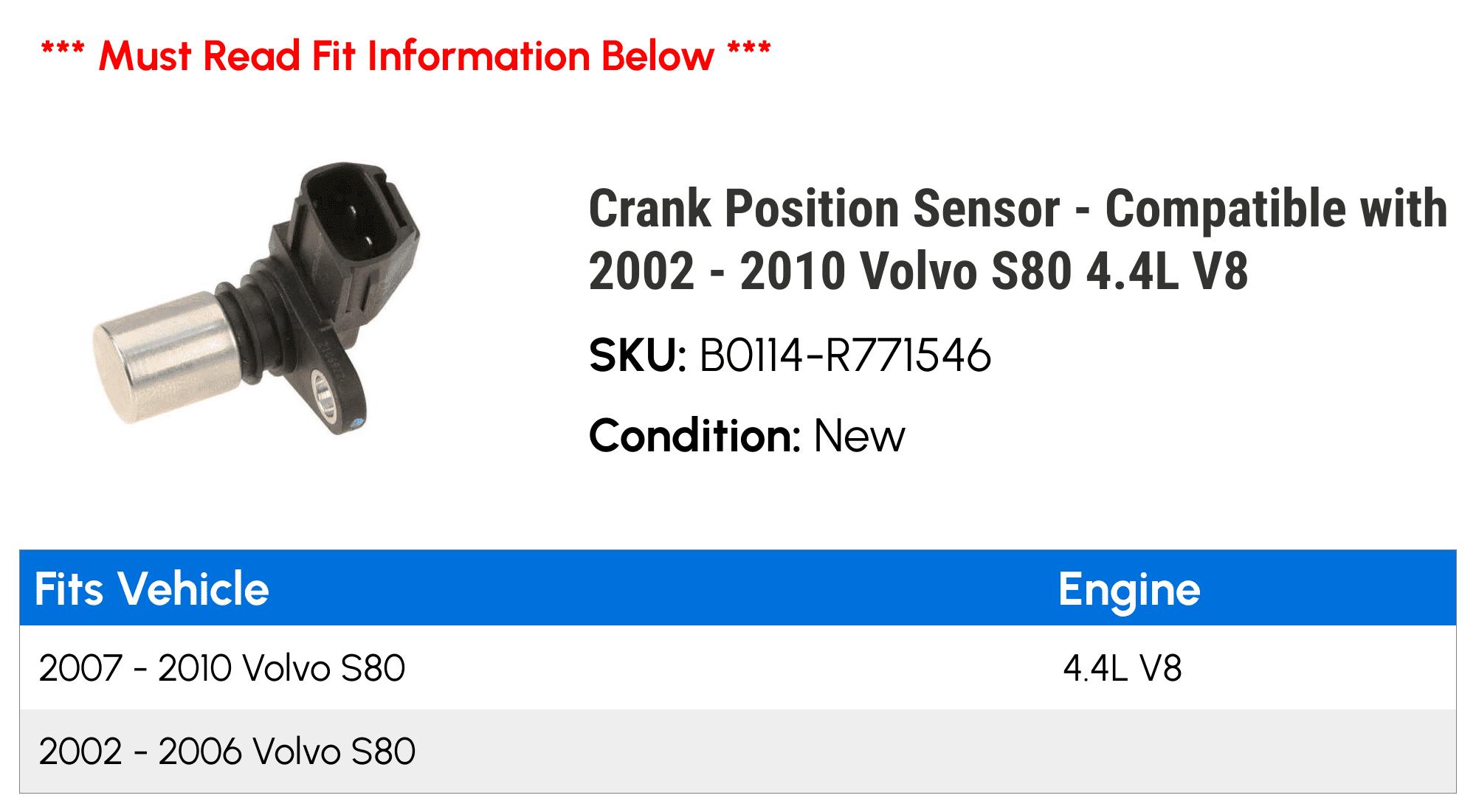 Crank Position Sensor - Compatible with 2002 - 2010 Volvo