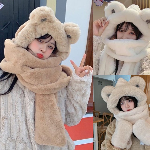 Gorro de felpa grueso y cálido de invierno con orejas de oso, súper suave, para prevenir el frío, bufanda todo en uno para mujer.