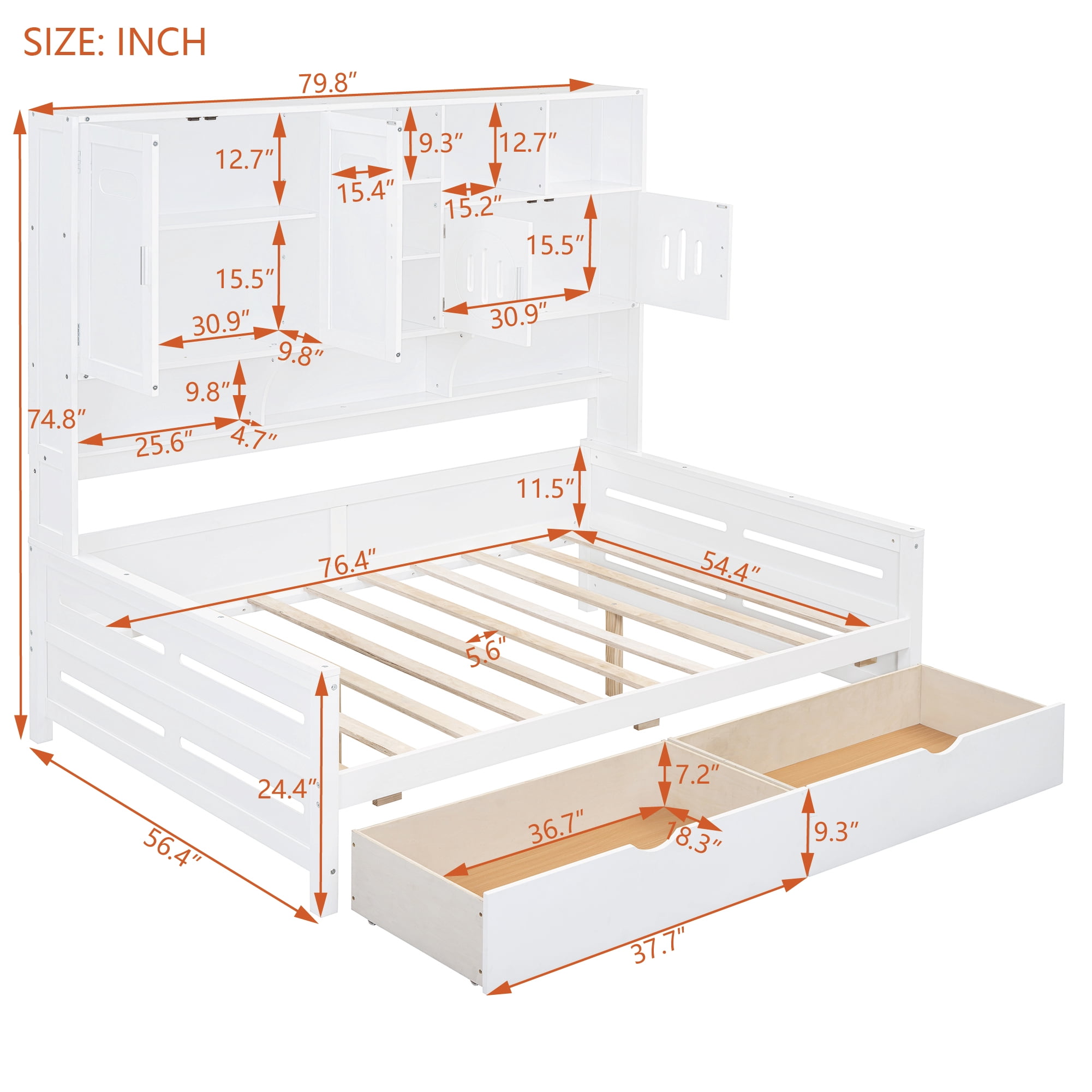 Mintazer Full Platform Bed with Side Bookcase & 2 Drawers and 2 Cabinets, All-in-one Wood Storage Daybed Frame for Kids Teens Bedroom Playroom Guest Room, White