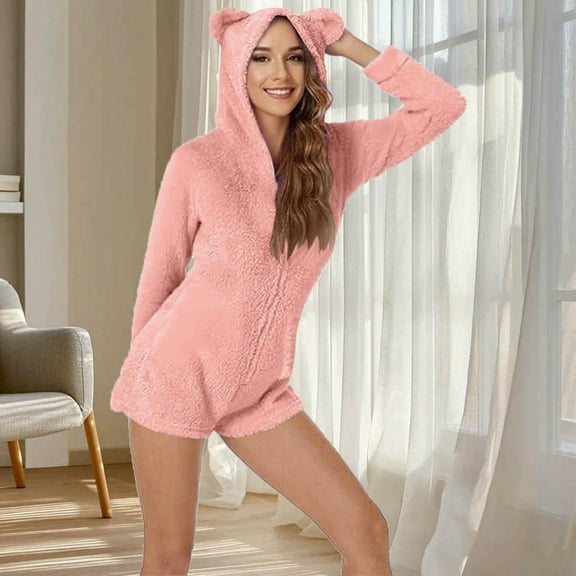 Womens Fleece Onesies Pajamas New Women's Warm Hooded Ears Hooded Jumpsuit Long Sleeve Shorts Zipper Jumpsuit Pocket Sleepwear Home Clothes Style B-4 Pinky XL