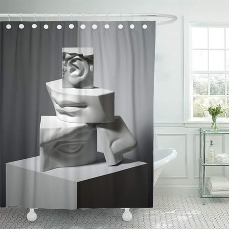 KSADK 3D Render Sculptural Male Face Parts Stack of Stone Blocks Ear Eye Nose Lips Classical Details Bathroom Shower Curtain 60x72