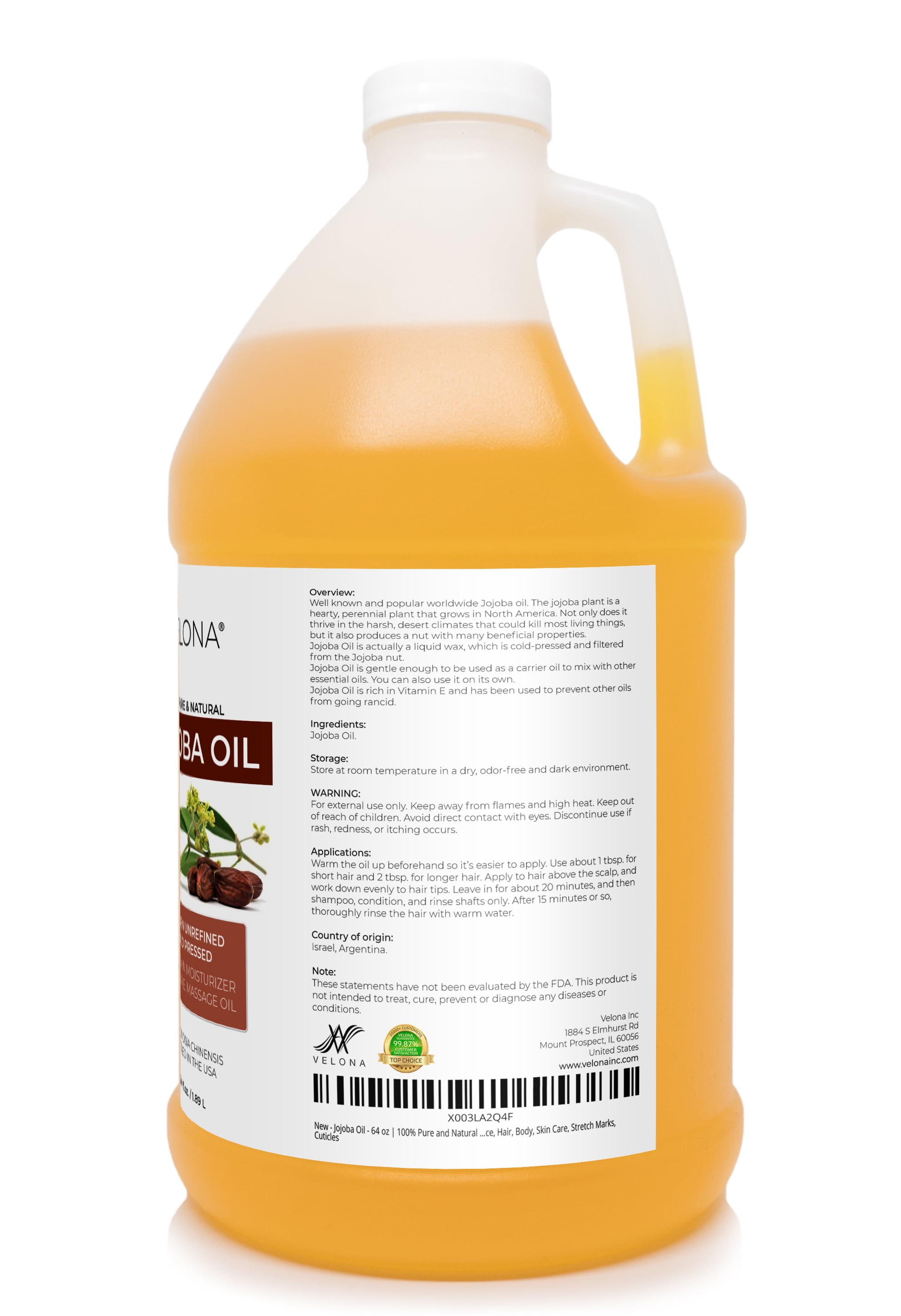 velona Jojoba Oil - 64 Fl Oz | 100% Pure and Natural | Golden, Unrefined, Cold Pressed, Hexane Free | Moisturizing Face, Hair, Body, Skin Care