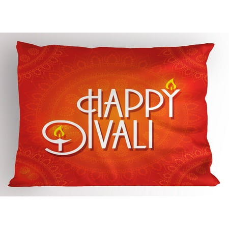 Diwali Pillow Sham Happy Diwali Wish Festive Celebration Artsy Candles Fires Paisley Backdrop Print, Decorative Standard Queen Size Printed Pillowcase, 30 X 20 Inches, Red and White, by