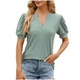 thumbnail image 2 of Fesfesfes V Neck Tshirt Women's Summer Solid Lace V-neck Bubble Short Sleeve Solid T-shirt Top Short Tshirts for Women 2XL(US:12), 2 of 5