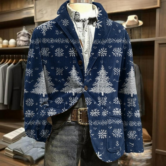 Dwelliawo Christmas Blazer for Men Santa Xmas Graphic Suit One Button Notched Lapel Single Breasted Jacket Party Holiday Blazers Classic Sport Coats Royal Blue XL