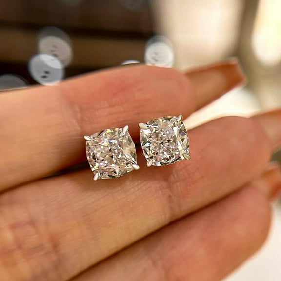 2.00CT Cushion Lab Created/Diamond Stud Earrings 14k White Gold Plated Push Back