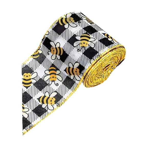AUQ Bumble Bee Ribbon Wired Polka Dot Wired Edge Ribbon Bee Vertical Stripe Craft Ribbon Decorative Ribbon for Wrapping,Party Decoration,Hair Bows