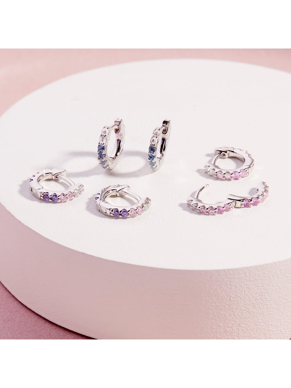 925 Sterling Silver Tiny 7mm Clear & Pink CZ Huggie Hoop Earrings for Girls